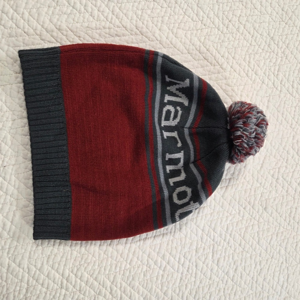 Marmot Pom Pom Beanie Hat Burgundy Charcoal Gray Striped Knit Winter Cap Unisex